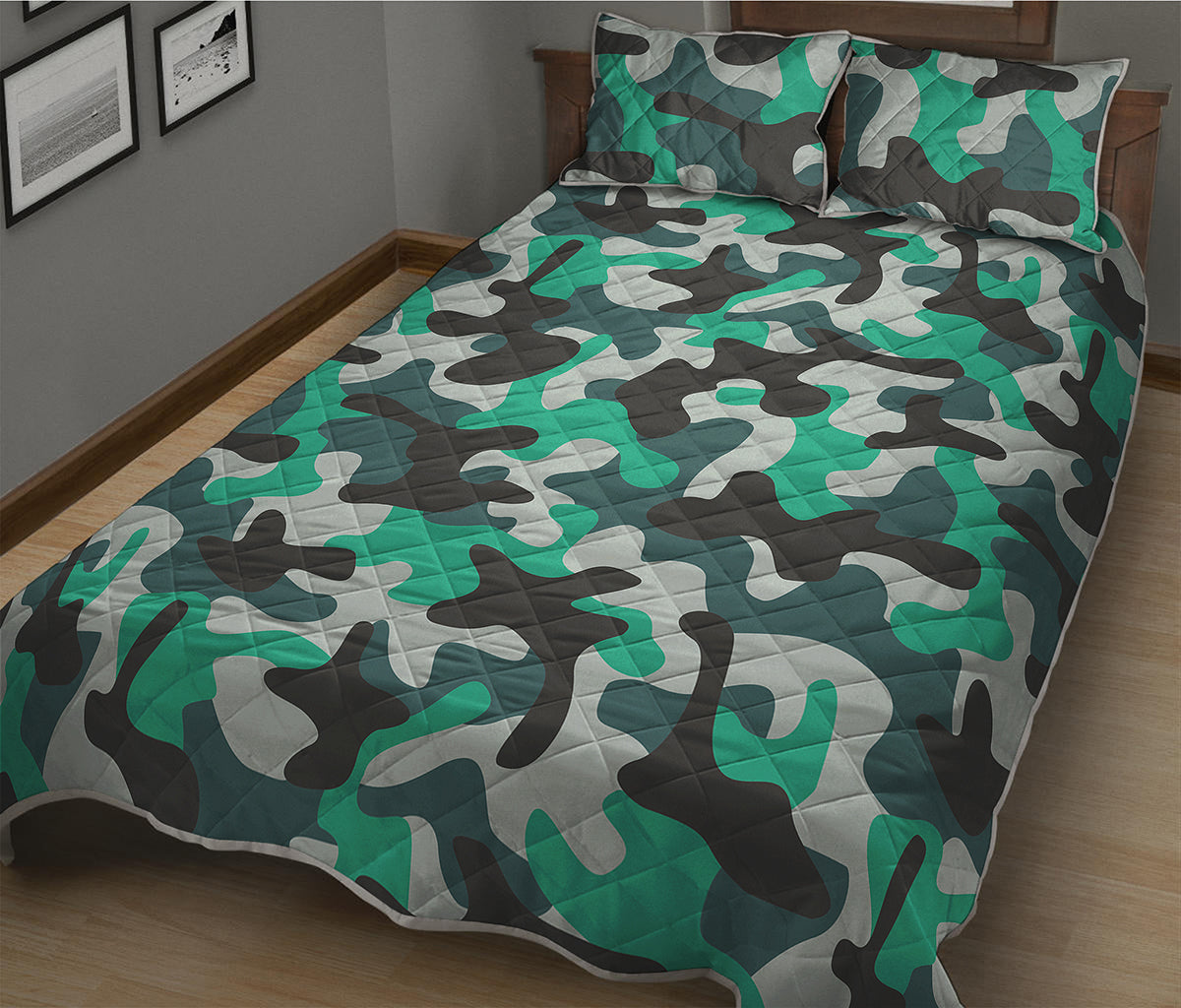Teal And Black Camouflage Print Quilt Bed Set
