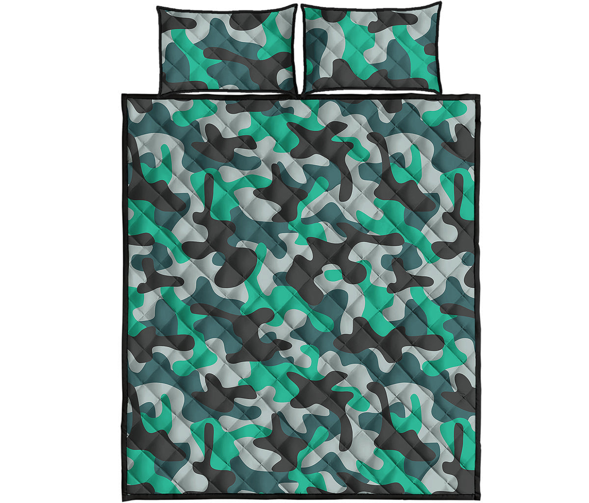 Teal And Black Camouflage Print Quilt Bed Set