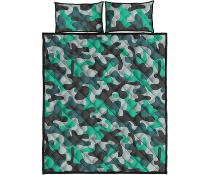 Teal And Black Camouflage Print Quilt Bed Set