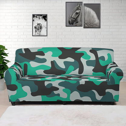 Teal And Black Camouflage Print Sofa Cover