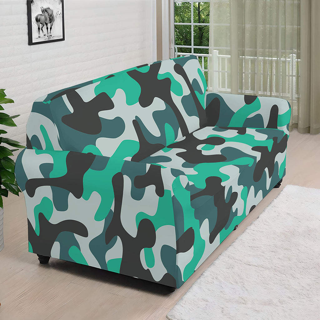 Teal And Black Camouflage Print Sofa Cover