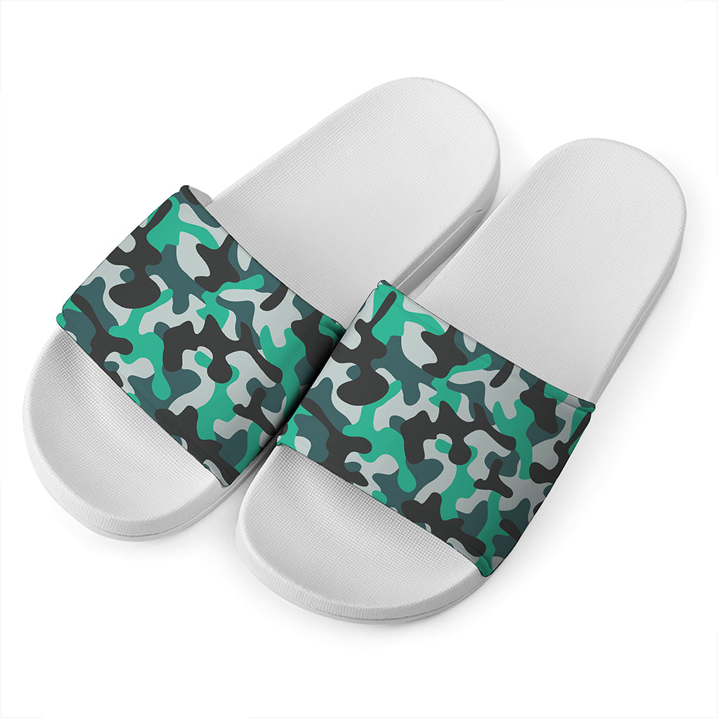 Teal And Black Camouflage Print White Slide Sandals