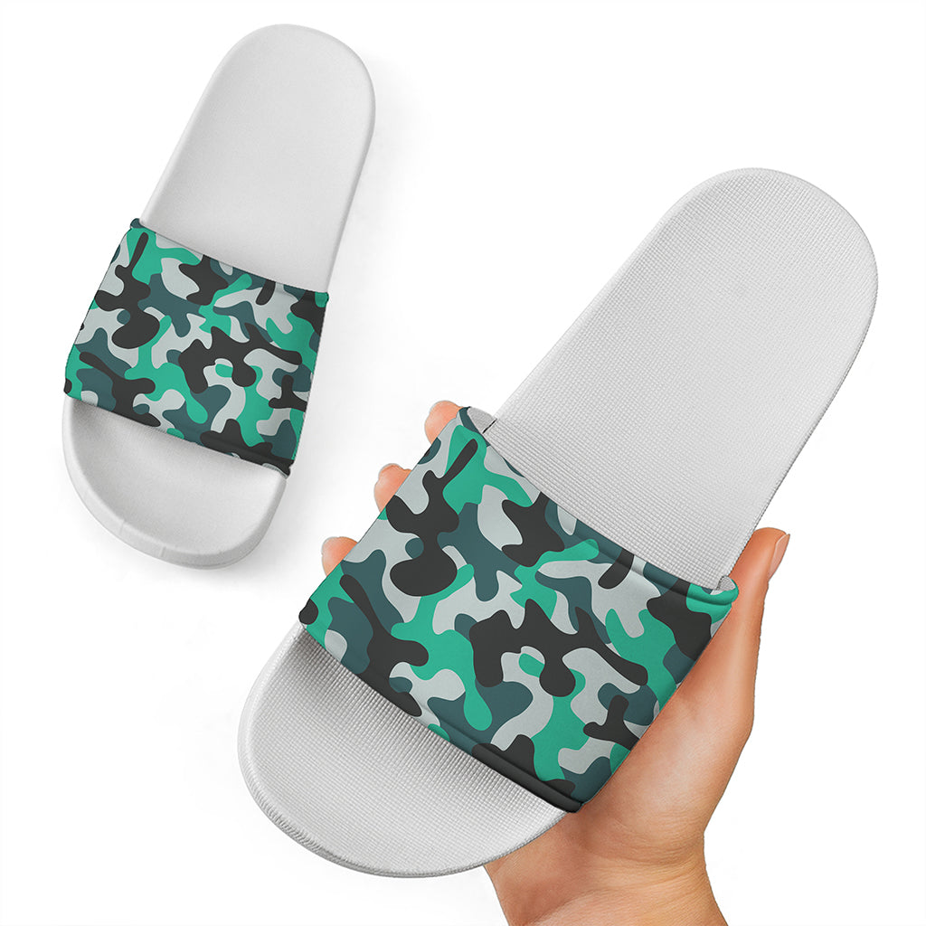 Teal And Black Camouflage Print White Slide Sandals