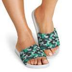 Teal And Black Camouflage Print White Slide Sandals