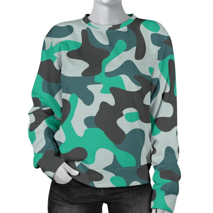 Teal And Black Camouflage Print Women's Crewneck Sweatshirt GearFrost