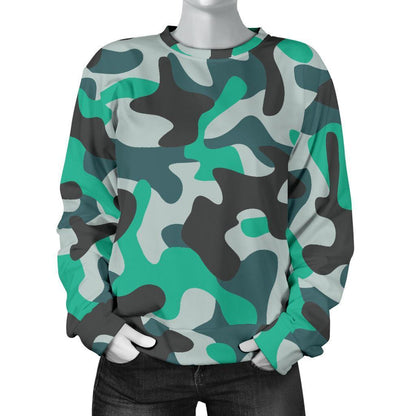 Teal And Black Camouflage Print Women's Crewneck Sweatshirt GearFrost