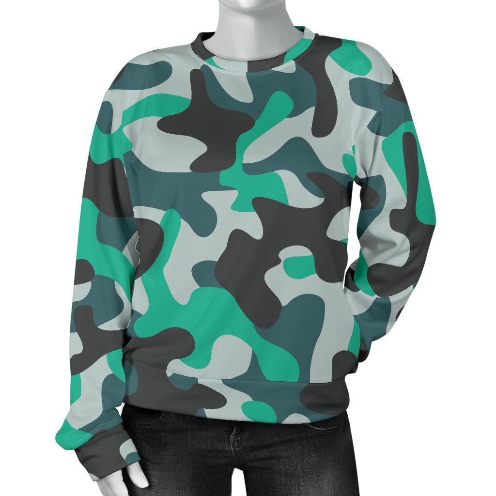 Teal And Black Camouflage Print Women's Crewneck Sweatshirt GearFrost