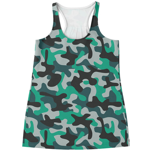 Teal And Black Camouflage Print Women's Racerback Tank Top