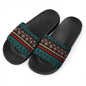 Teal And Brown Aztec Pattern Print Black Slide Sandals