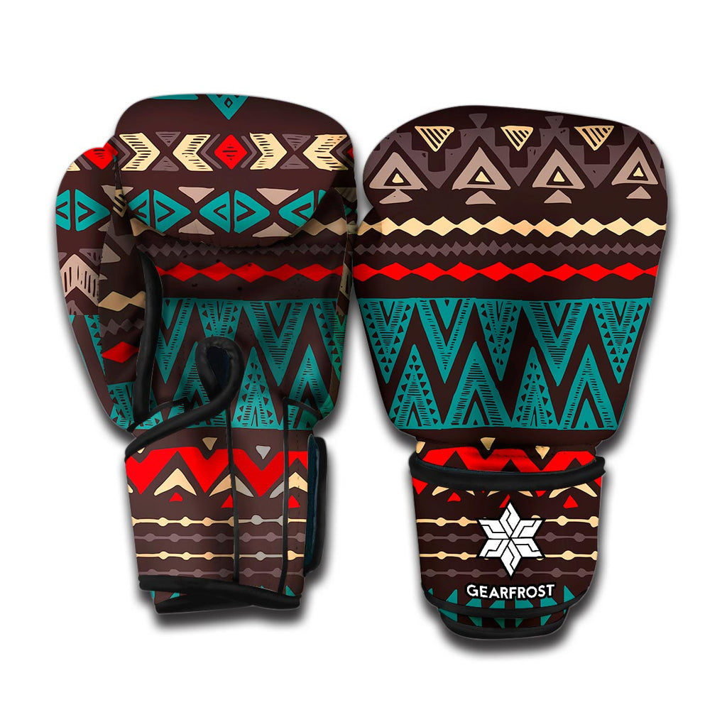 Teal And Brown Aztec Pattern Print Boxing Gloves