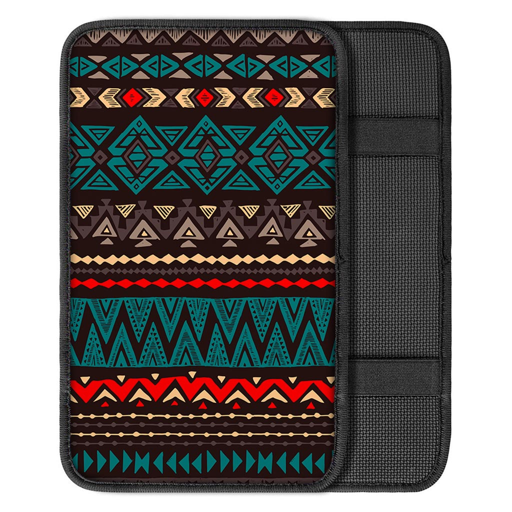 Teal And Brown Aztec Pattern Print Car Center Console Cover