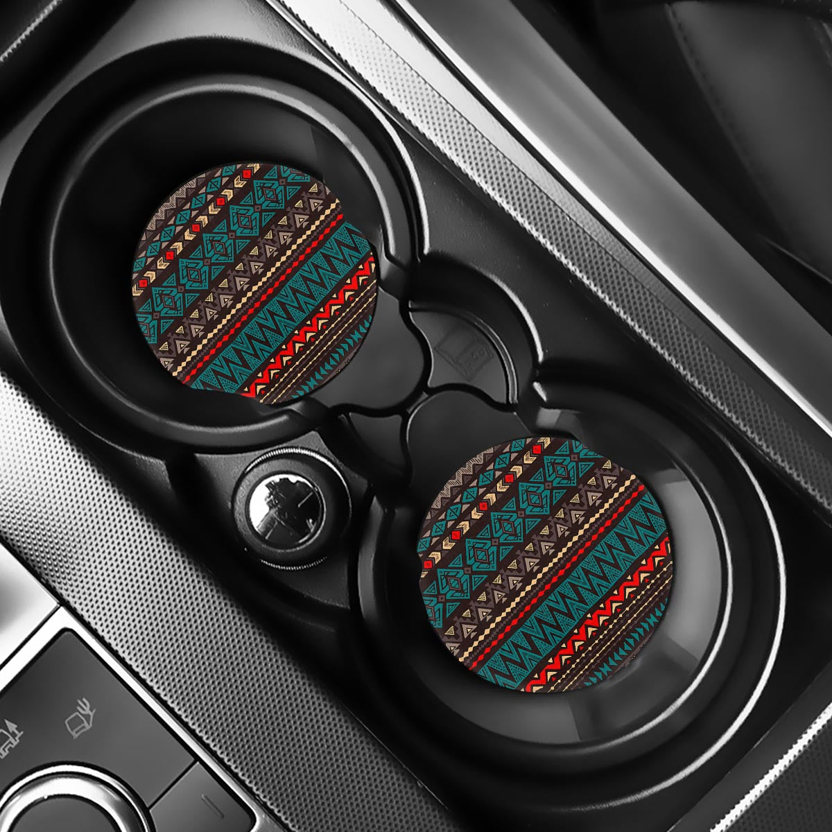 Teal And Brown Aztec Pattern Print Car Coasters