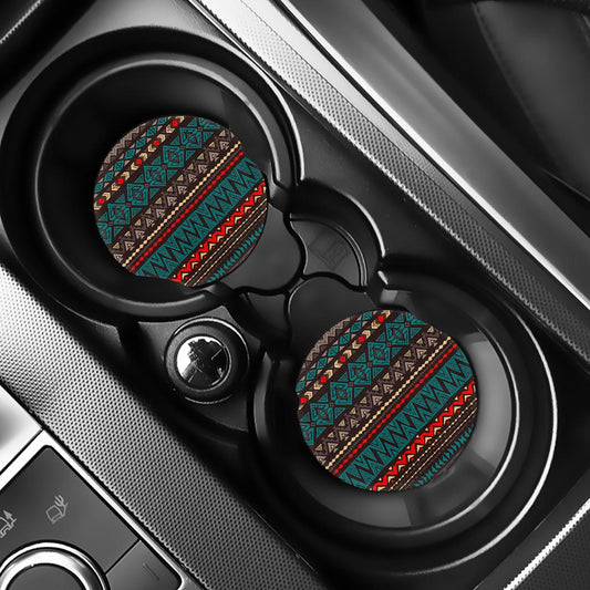 Teal And Brown Aztec Pattern Print Car Coasters