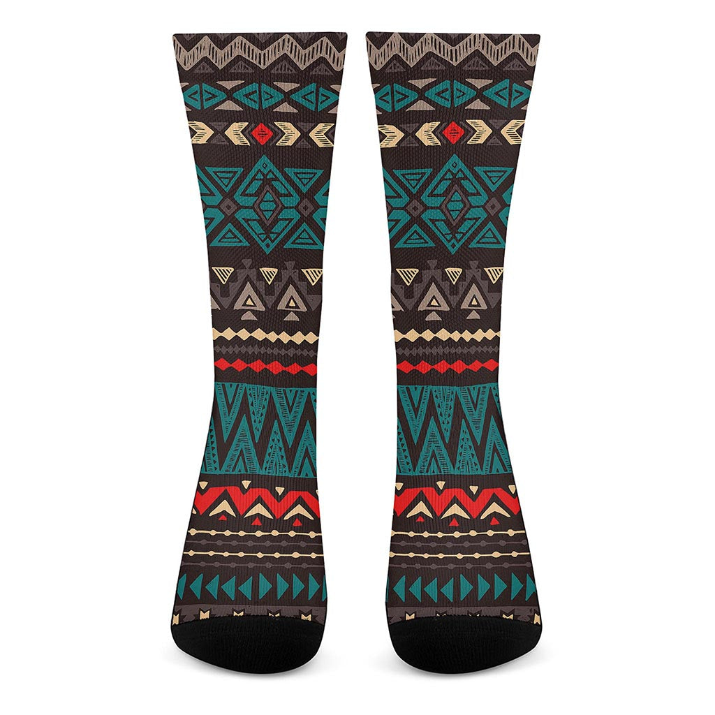 Teal And Brown Aztec Pattern Print Crew Socks
