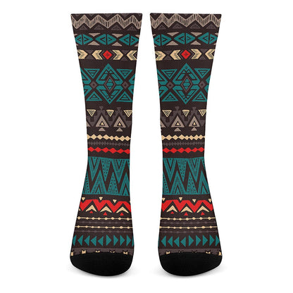 Teal And Brown Aztec Pattern Print Crew Socks