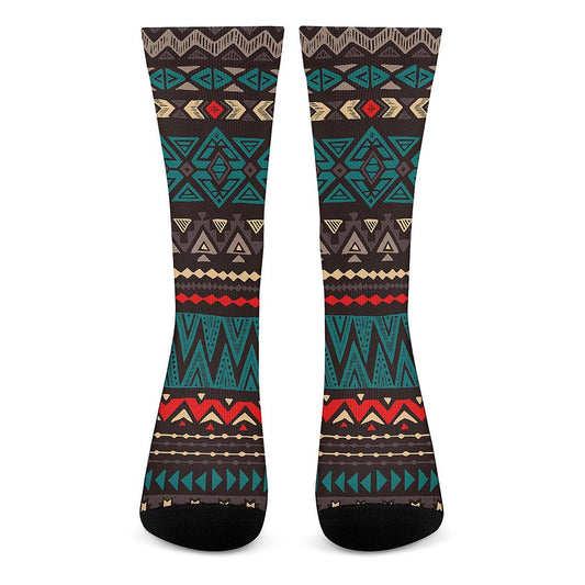 Teal And Brown Aztec Pattern Print Crew Socks