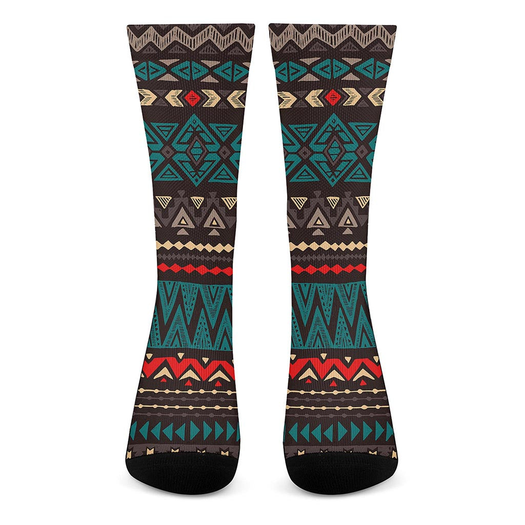 Teal And Brown Aztec Pattern Print Crew Socks