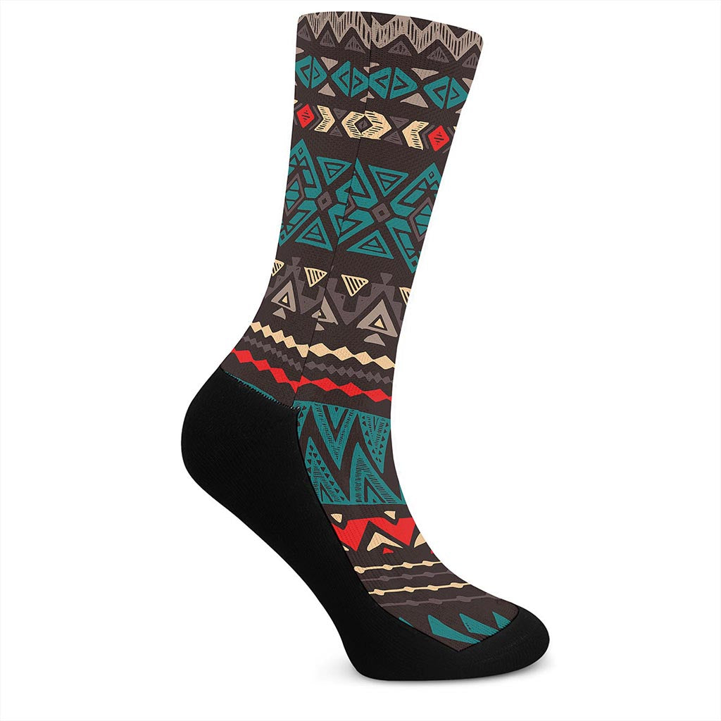 Teal And Brown Aztec Pattern Print Crew Socks