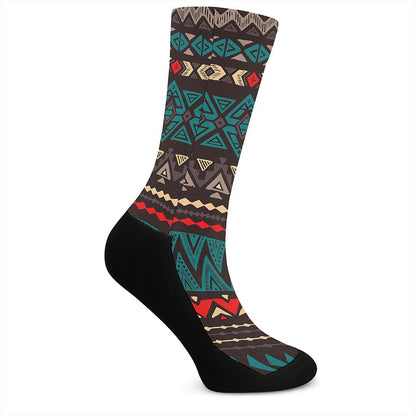 Teal And Brown Aztec Pattern Print Crew Socks