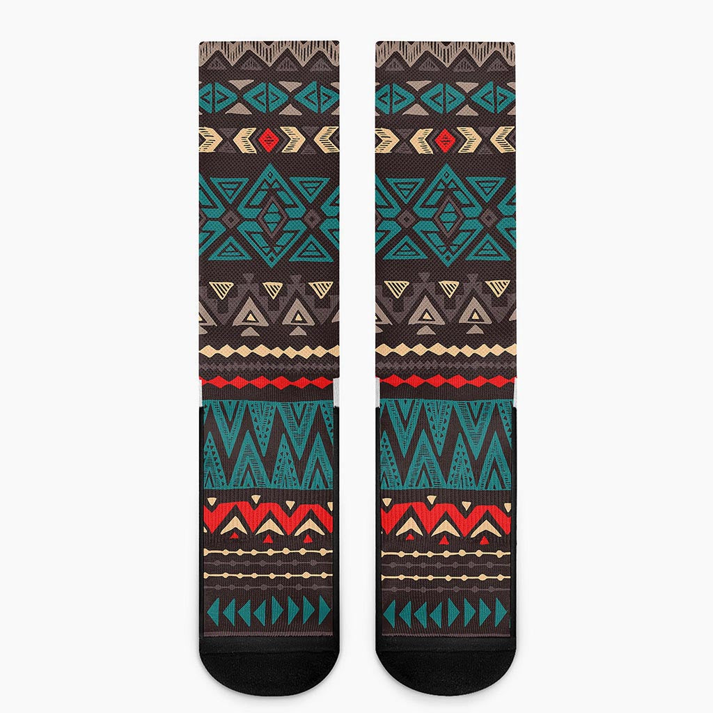 Teal And Brown Aztec Pattern Print Crew Socks