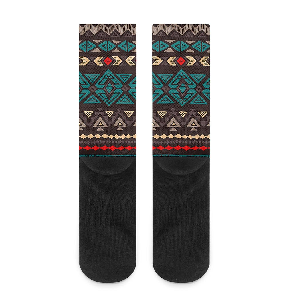 Teal And Brown Aztec Pattern Print Crew Socks