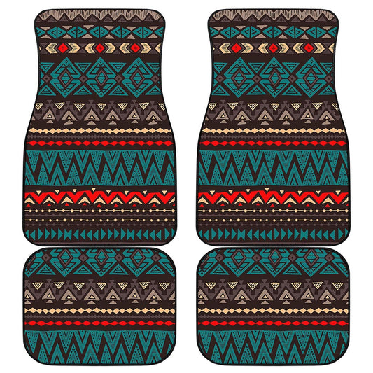 Teal And Brown Aztec Pattern Print Front and Back Car Floor Mats