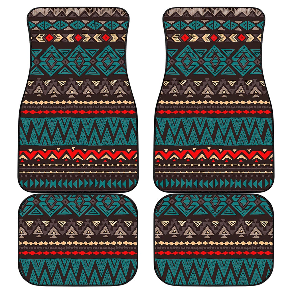 Teal And Brown Aztec Pattern Print Front and Back Car Floor Mats