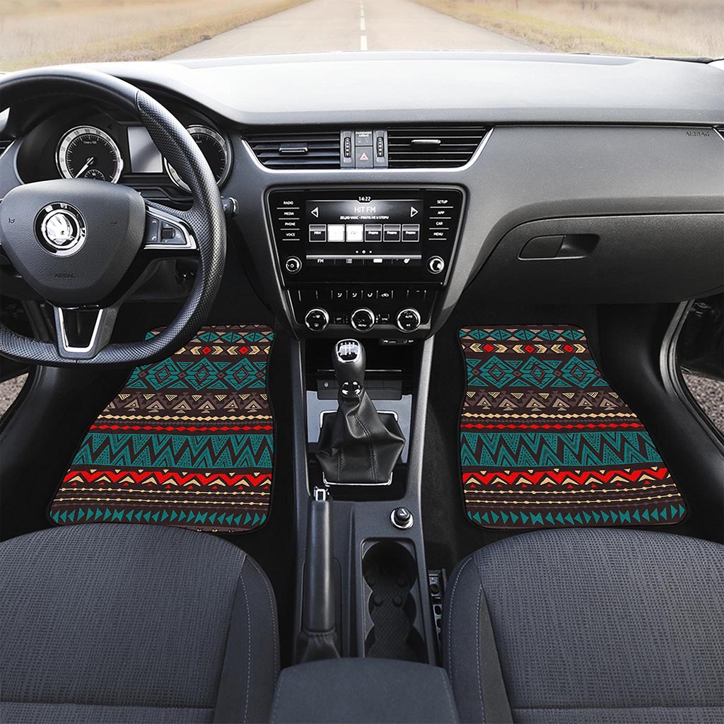 Teal And Brown Aztec Pattern Print Front and Back Car Floor Mats