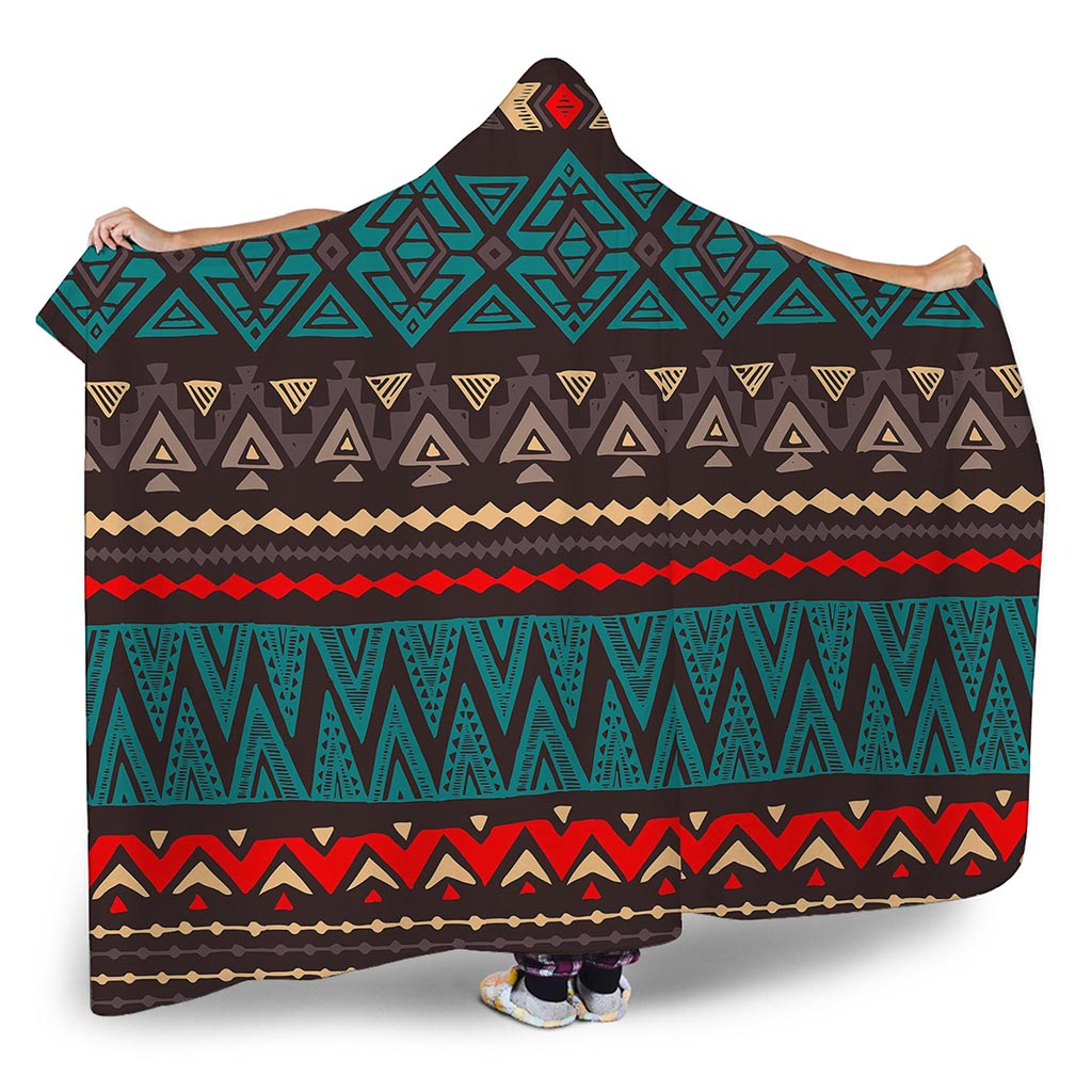 Teal And Brown Aztec Pattern Print Hooded Blanket