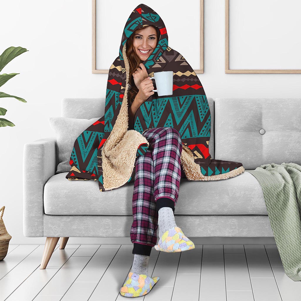 Teal And Brown Aztec Pattern Print Hooded Blanket