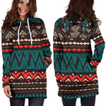 Teal And Brown Aztec Pattern Print Hoodie Dress GearFrost