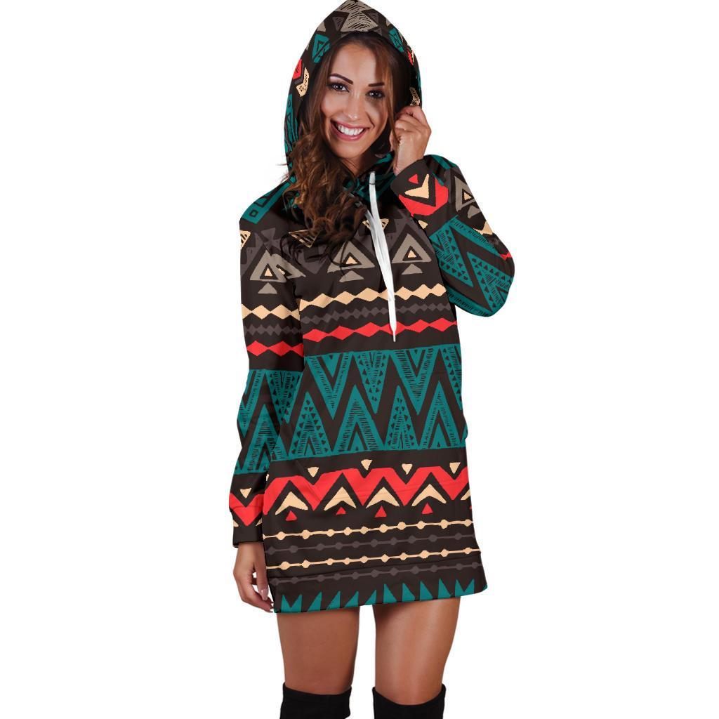 Teal And Brown Aztec Pattern Print Hoodie Dress GearFrost