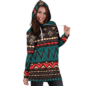 Teal And Brown Aztec Pattern Print Hoodie Dress GearFrost