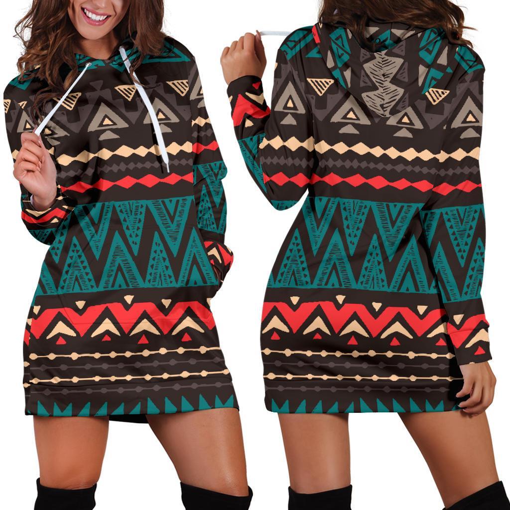 Teal And Brown Aztec Pattern Print Hoodie Dress GearFrost