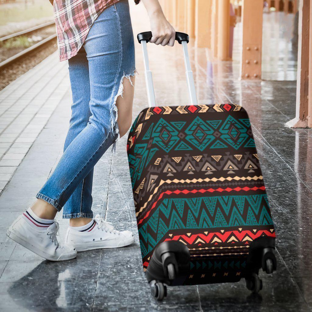 Teal And Brown Aztec Pattern Print Luggage Cover GearFrost
