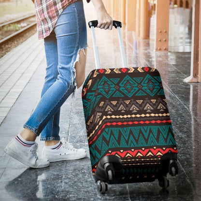 Teal And Brown Aztec Pattern Print Luggage Cover GearFrost