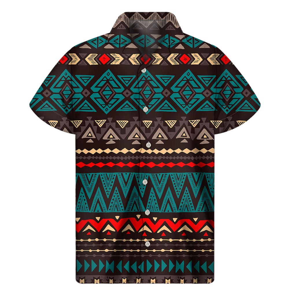 Teal And Brown Aztec Pattern Print Men's Short Sleeve Shirt