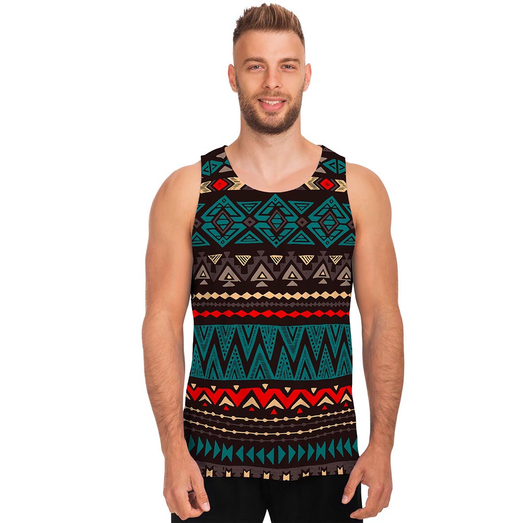 Teal And Brown Aztec Pattern Print Men's Tank Top