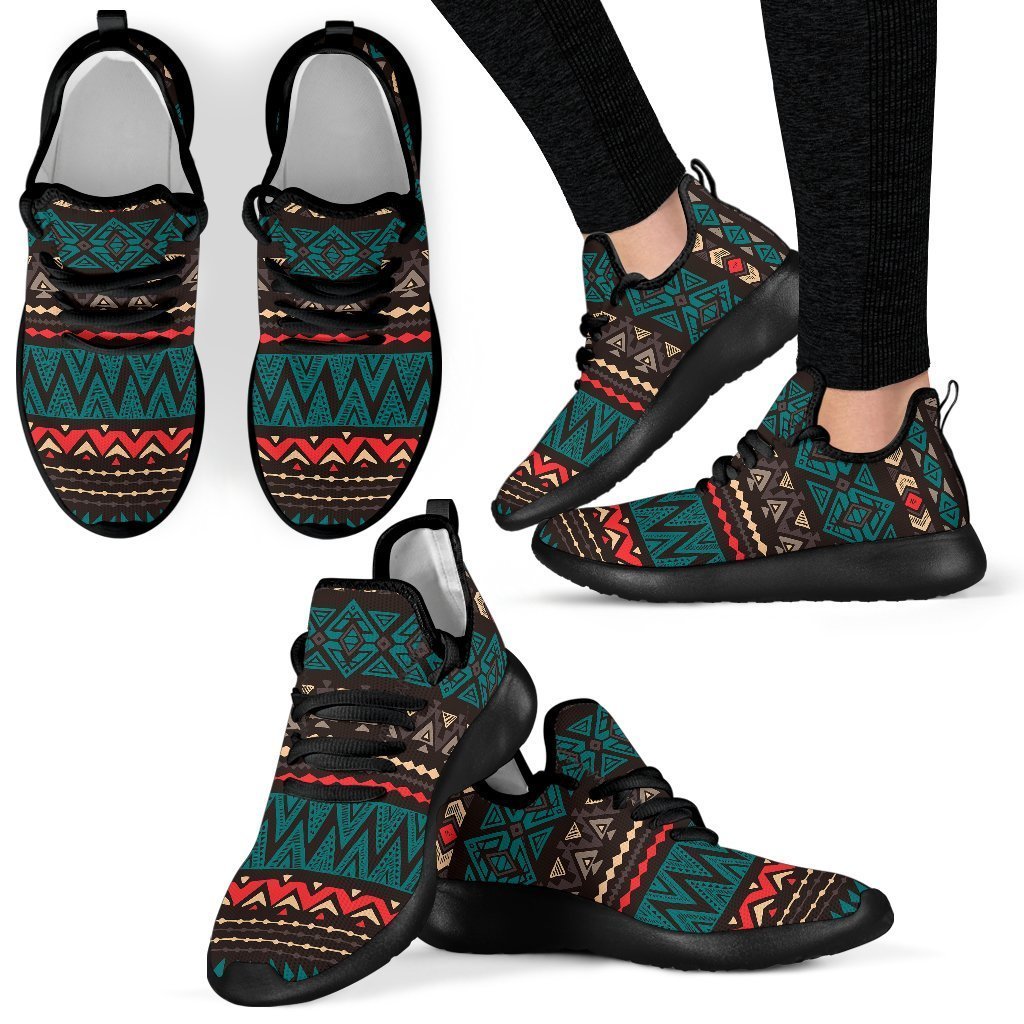 Teal And Brown Aztec Pattern Print Mesh Knit Shoes GearFrost