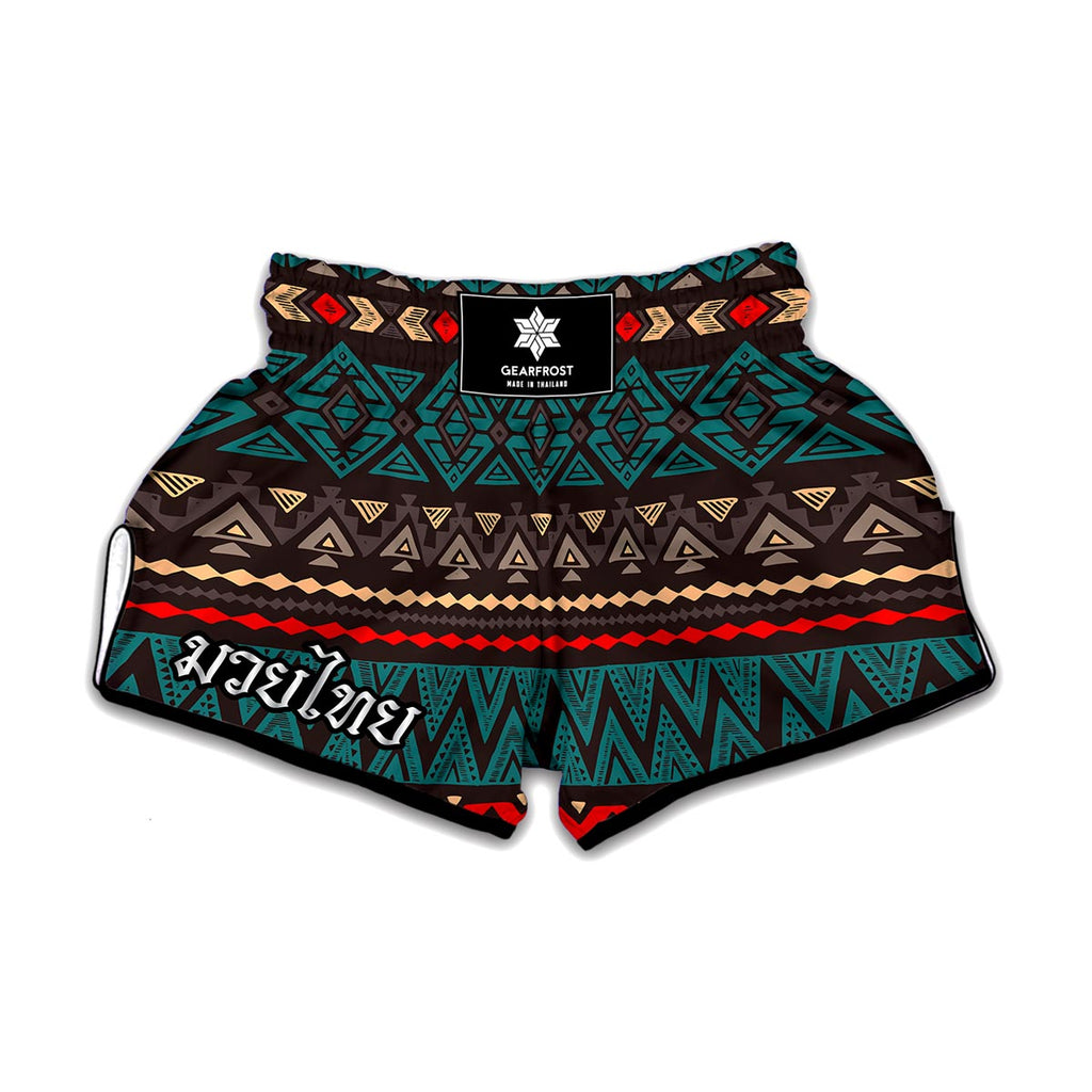 Teal And Brown Aztec Pattern Print Muay Thai Boxing Shorts