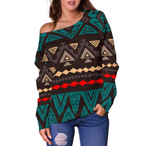 Teal And Brown Aztec Pattern Print Off Shoulder Sweatshirt GearFrost