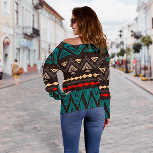 Teal And Brown Aztec Pattern Print Off Shoulder Sweatshirt GearFrost