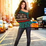 Teal And Brown Aztec Pattern Print Off Shoulder Sweatshirt GearFrost