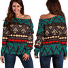 Teal And Brown Aztec Pattern Print Off Shoulder Sweatshirt GearFrost