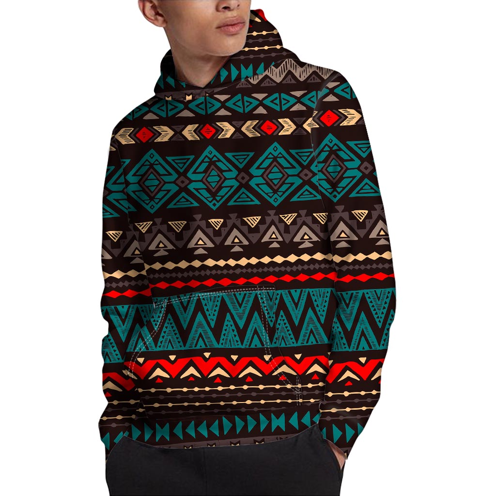 Teal And Brown Aztec Pattern Print Pullover Hoodie