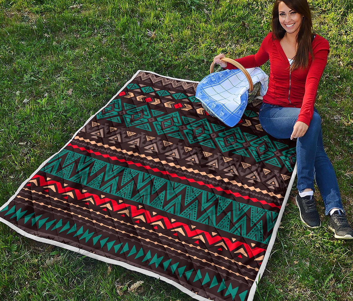 Teal And Brown Aztec Pattern Print Quilt