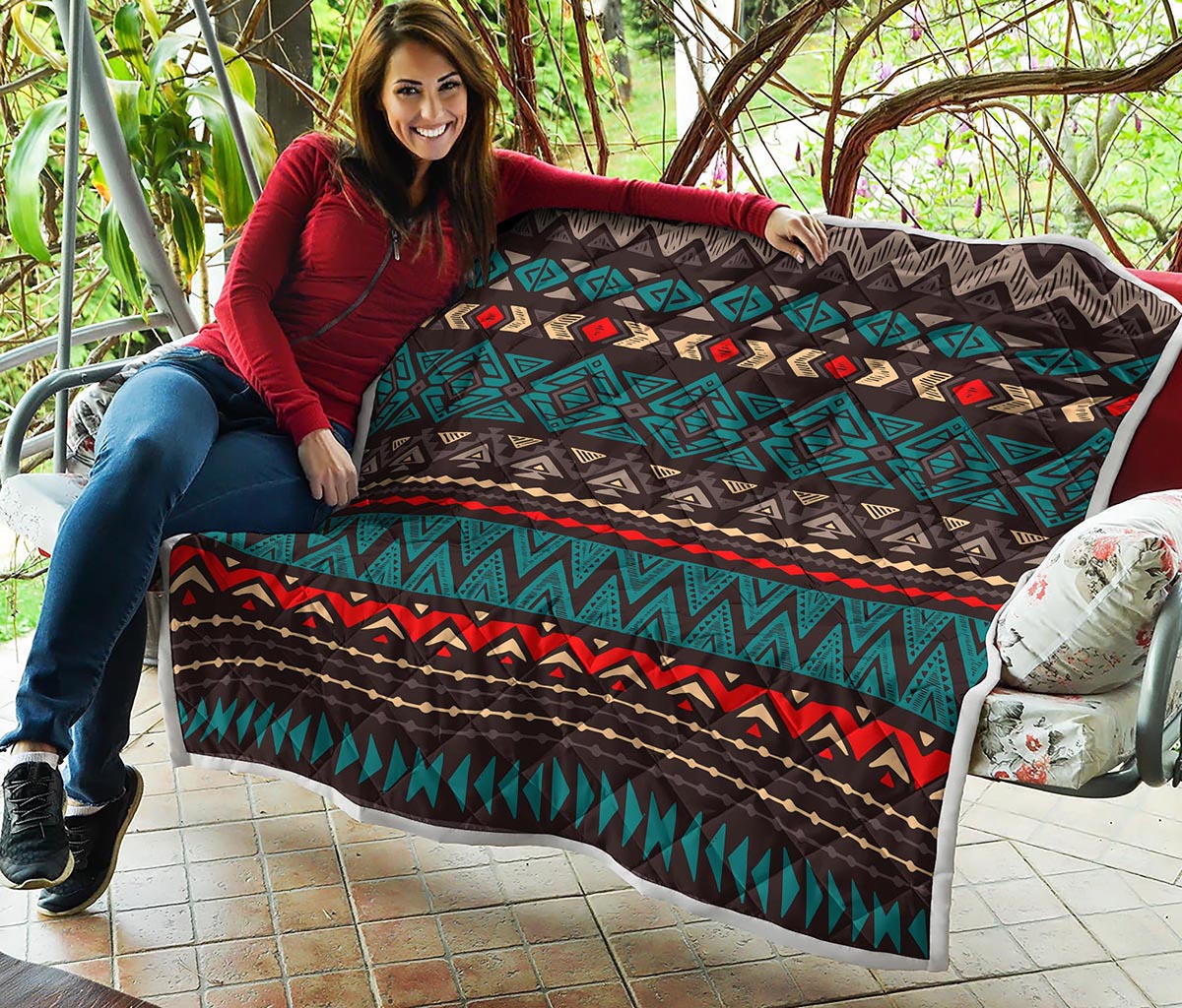 Teal And Brown Aztec Pattern Print Quilt