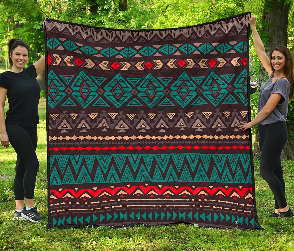 Teal And Brown Aztec Pattern Print Quilt