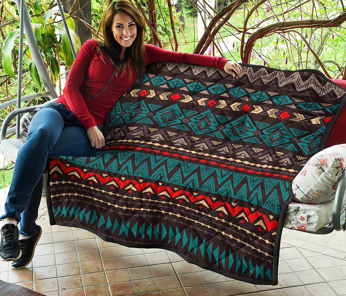 Teal And Brown Aztec Pattern Print Quilt