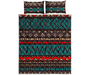 Teal And Brown Aztec Pattern Print Quilt Bed Set